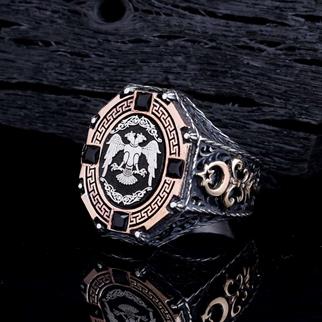 Selçuklu Kartalı Ay Yıldız Detaylı Gümüş YüzükÇift Başlı Kartal Selçuklu Yüzük