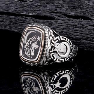 Türk Bayrağı İşlemeli Bozkurtlu Gümüş YüzükBozkurt Yüzükleri