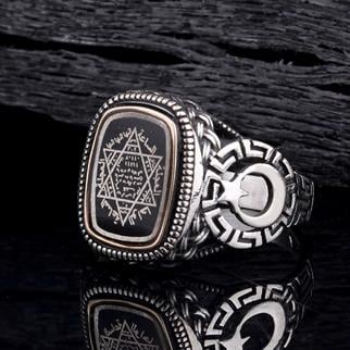 Türk Bayrağı İşlemeli Süleyman Mührü Gümüş YüzükSüleyman Mührü Yüzükler