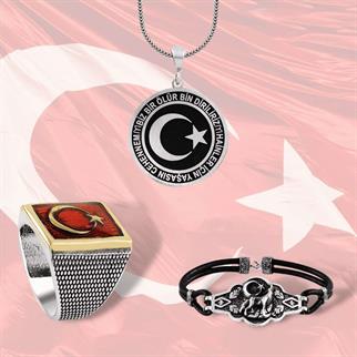 Türk Bayraklı Yüzük, Kolye ve Bileklik Hediye Seti Gümüş
