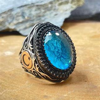 Turkuaz Taş İçi Aslan Gümüş YüzükAy Yıldız Yüzük