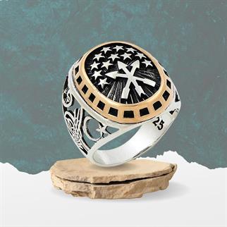 Üç Boyutlu Çerkes Bayrağı Sembollü Vav Motifli Gümüş Yüzük