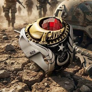 Uzman Çavuş Yazı İşlemeli Ay Yıldız Motifli Gümüş YüzükUzman Çavuş Yüzükleri