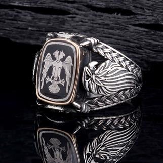 Yanları Kartal Desenli Çift Başlı Kartal Gümüş YüzükÇift Başlı Kartal Selçuklu Yüzük