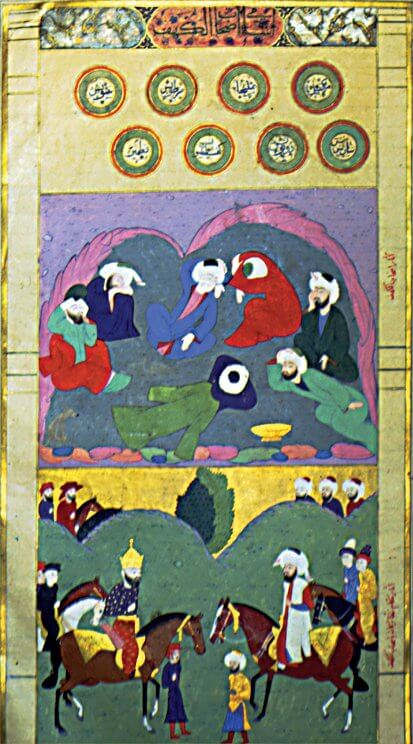 Ashâb-ı Kehf ve onları arayanları gösteren bir minyatür (Zübdetü’t-tevârîh, TSMK, Hazine, nr. 1321, vr. 147b)