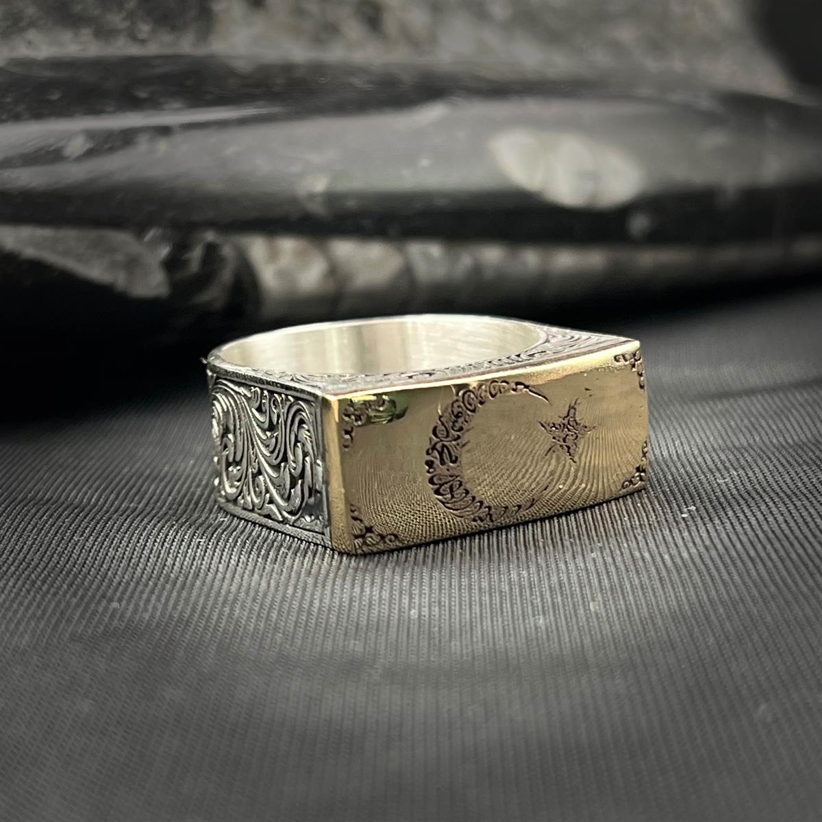  Gold Detay Kelime-i Tevhid İşlemeli Ay Yıldız Yüzük