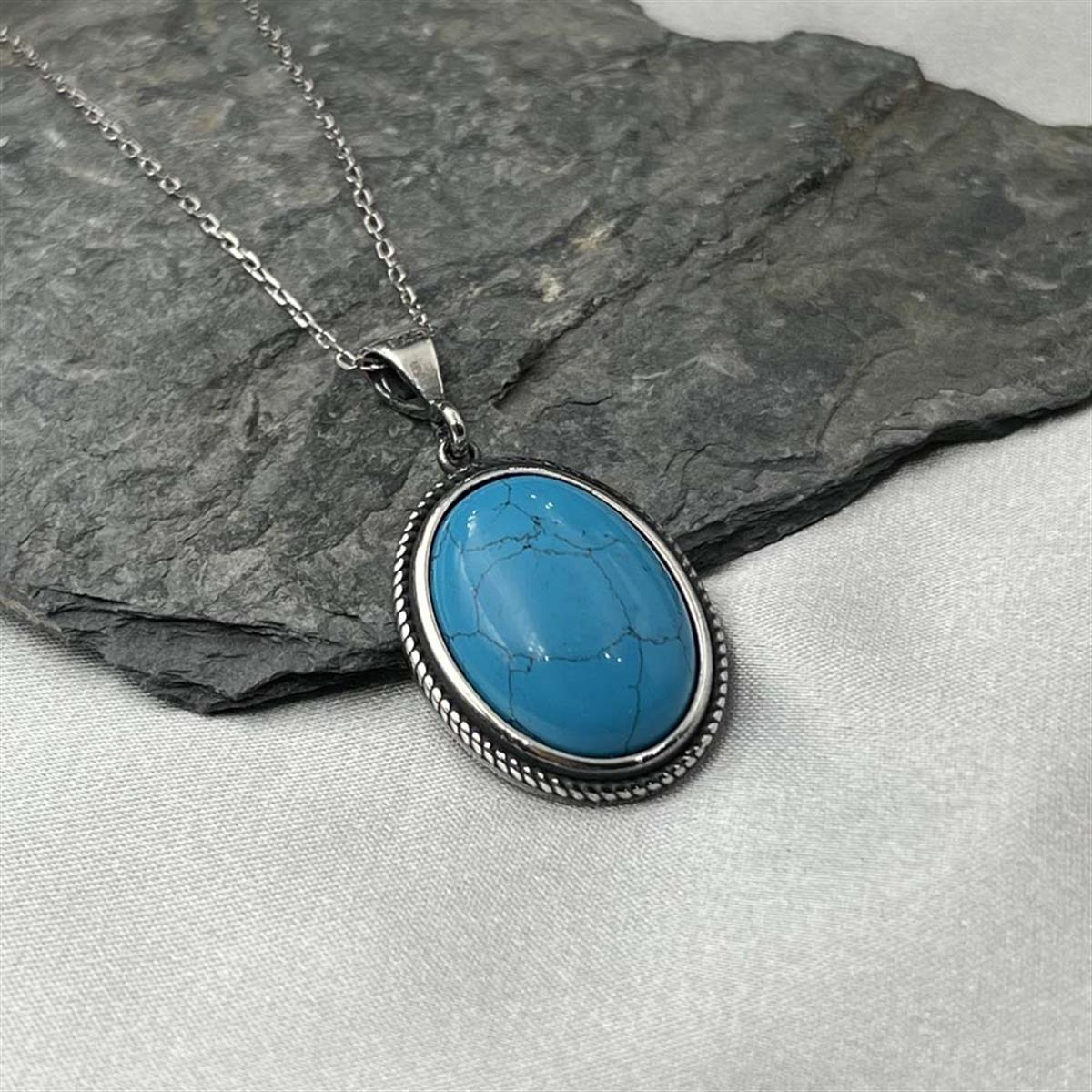  Oval Firuze Taşlı Gümüş Kolye