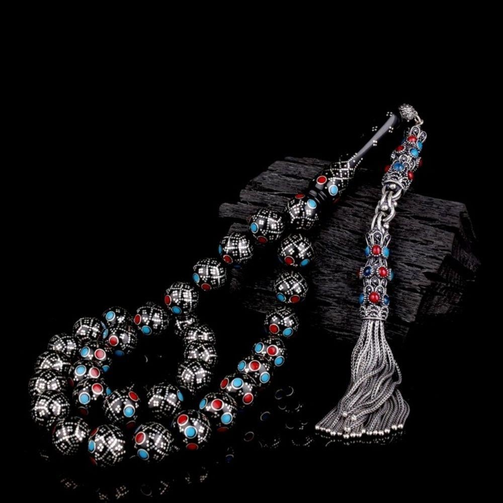 11mm Gümüş İşleme Bordo Mavi Mineli Usta El İşçiliği Kuka Tesbih