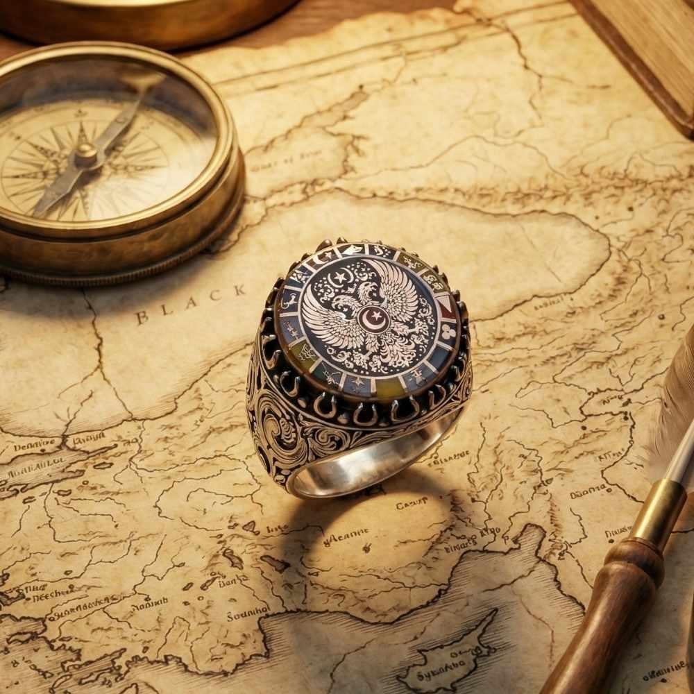 16 Türk Devleti Çift Başlı Kartal Gümüş Yüzük16 Türk Devleti Yüzük