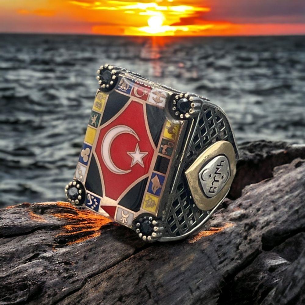 16 Türk Devleti Türk Bayraklı Gümüş Yüzük