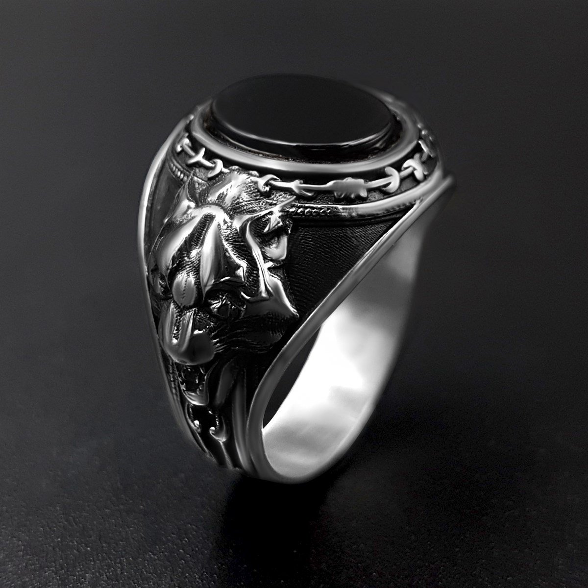 3D Wolf Head Black Onyx Men Silver Ring