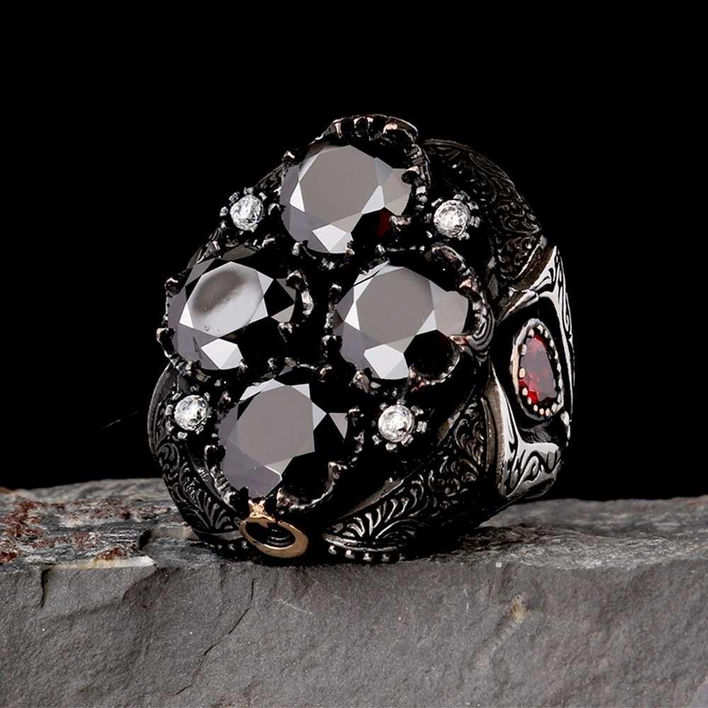 4 Siyah Zirkon Taşlı Gümüş YüzükZircon Stone Ring