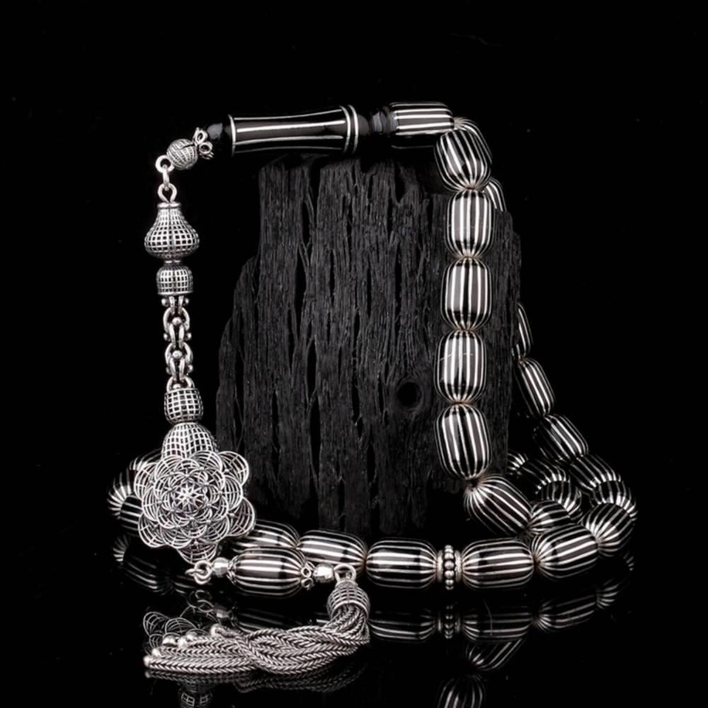 925 Ayar Gümüş 20'Li Karpuz Kesim Erzurum Oltu Taşı TesbihErzurum Oltu Stone Rosary