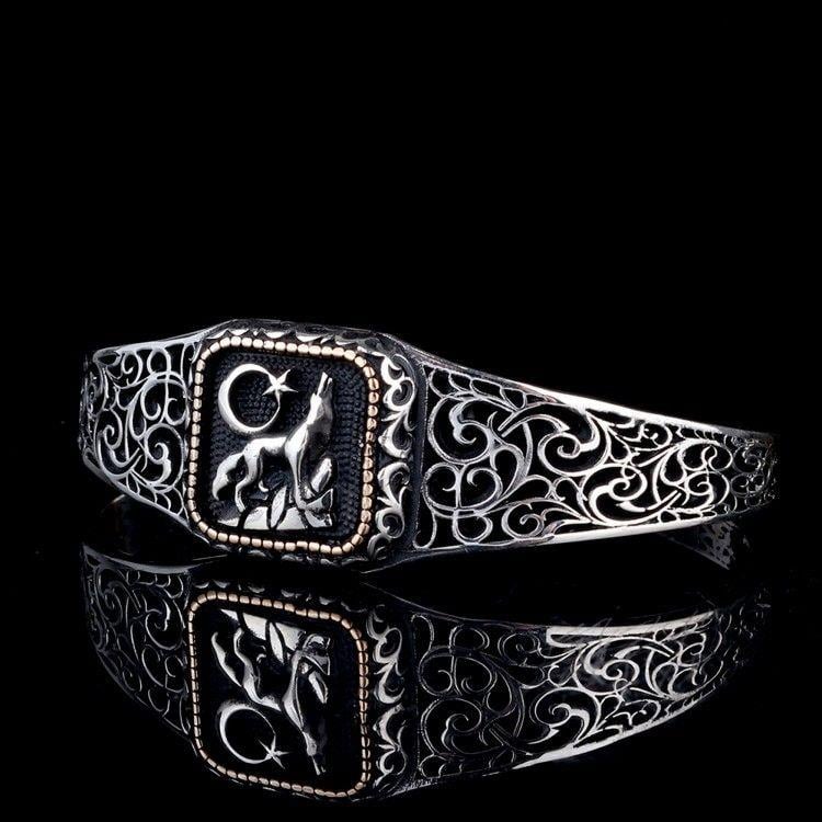 925 Ayar Gümüş Ayyıldız Kurt Model Otantik Motif Erkek BileklikErkek Bileklik