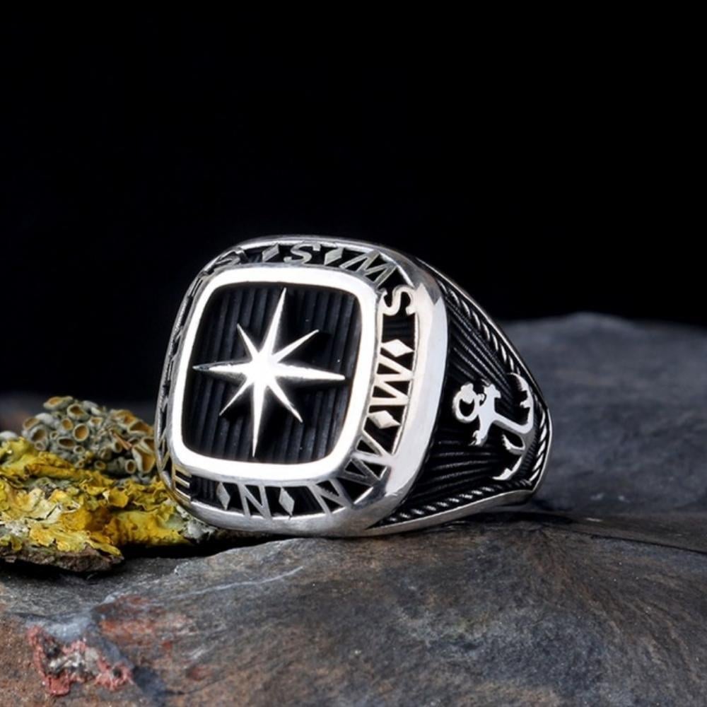 925 Ayar Gümüş Deniz Çapası Pusula Model Erkek YüzükTaşsız Yüzükler