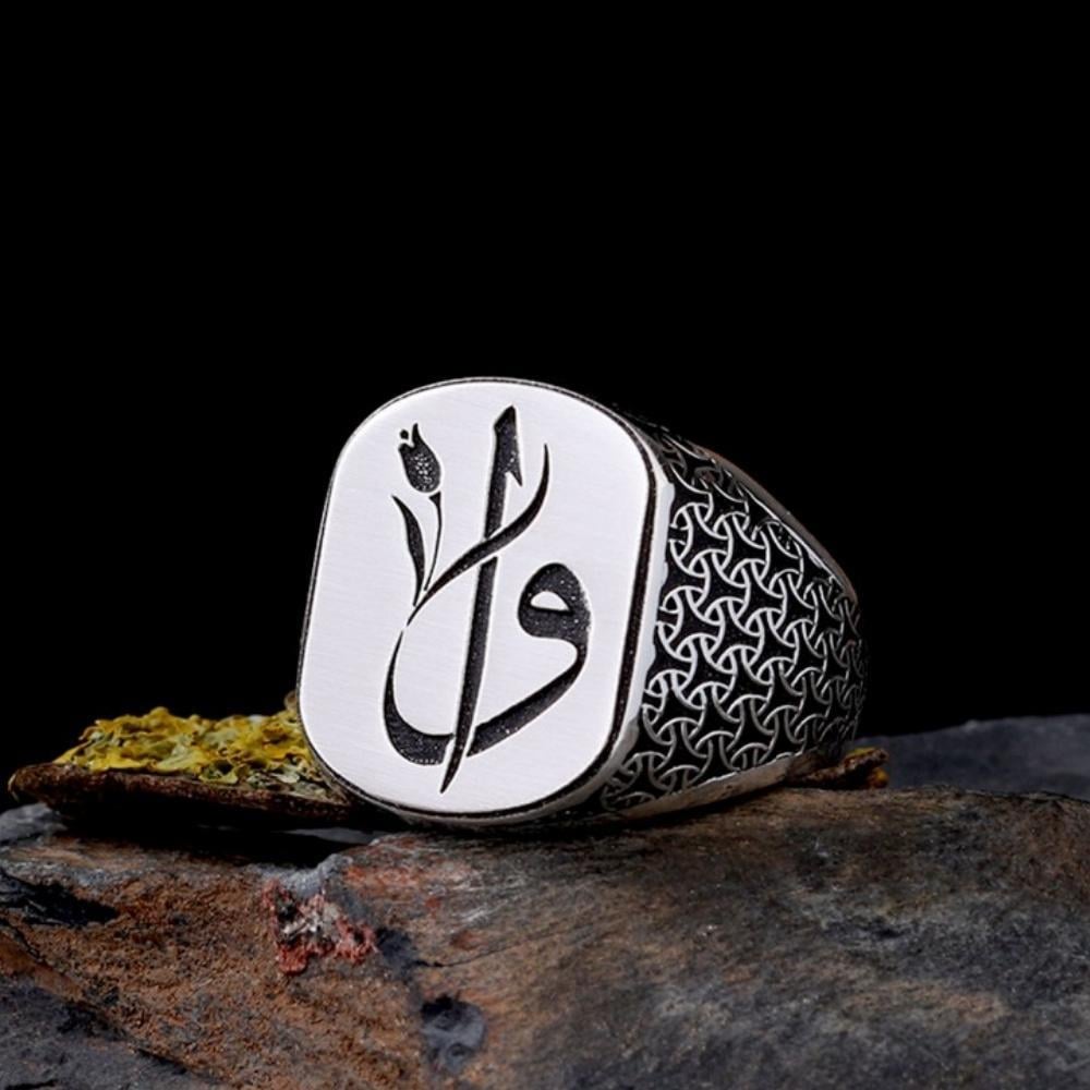 925 Ayar Gümüş Lale Motif Elif Vav Erkek YüzükAlep Waw Ring