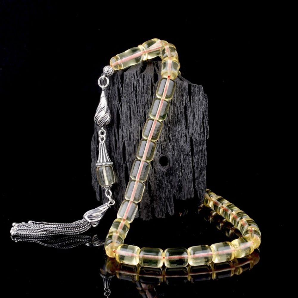 925 Ayar Gümüş Püsküllü Şeffaf Renk Damla Kehribar TesbihDamla Kehribar Tesbih