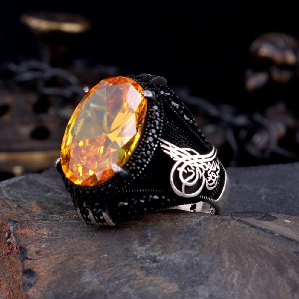 925 Ayar Gümüş Sarı Zirkon Taşlı Tuğra Model YüzükTuğra Yüzük