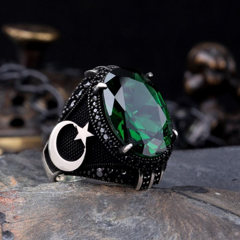 925 Ayar Gümüş Yeşil Renk Zirkon Taşlı Ay Yıldız YüzükAy Yıldız Yüzük