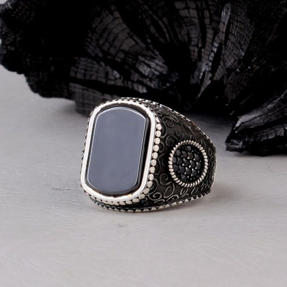 925 Ayar Oniks Taşlı Gümüş Erkek YüzükOnyx Stone Ring