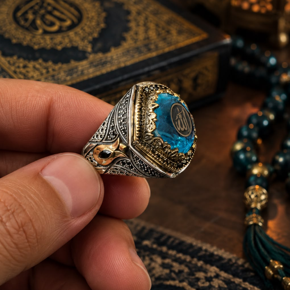 Allah Yazılı Aqua Marine Taşlı Gümüş YüzükIslamic Rings