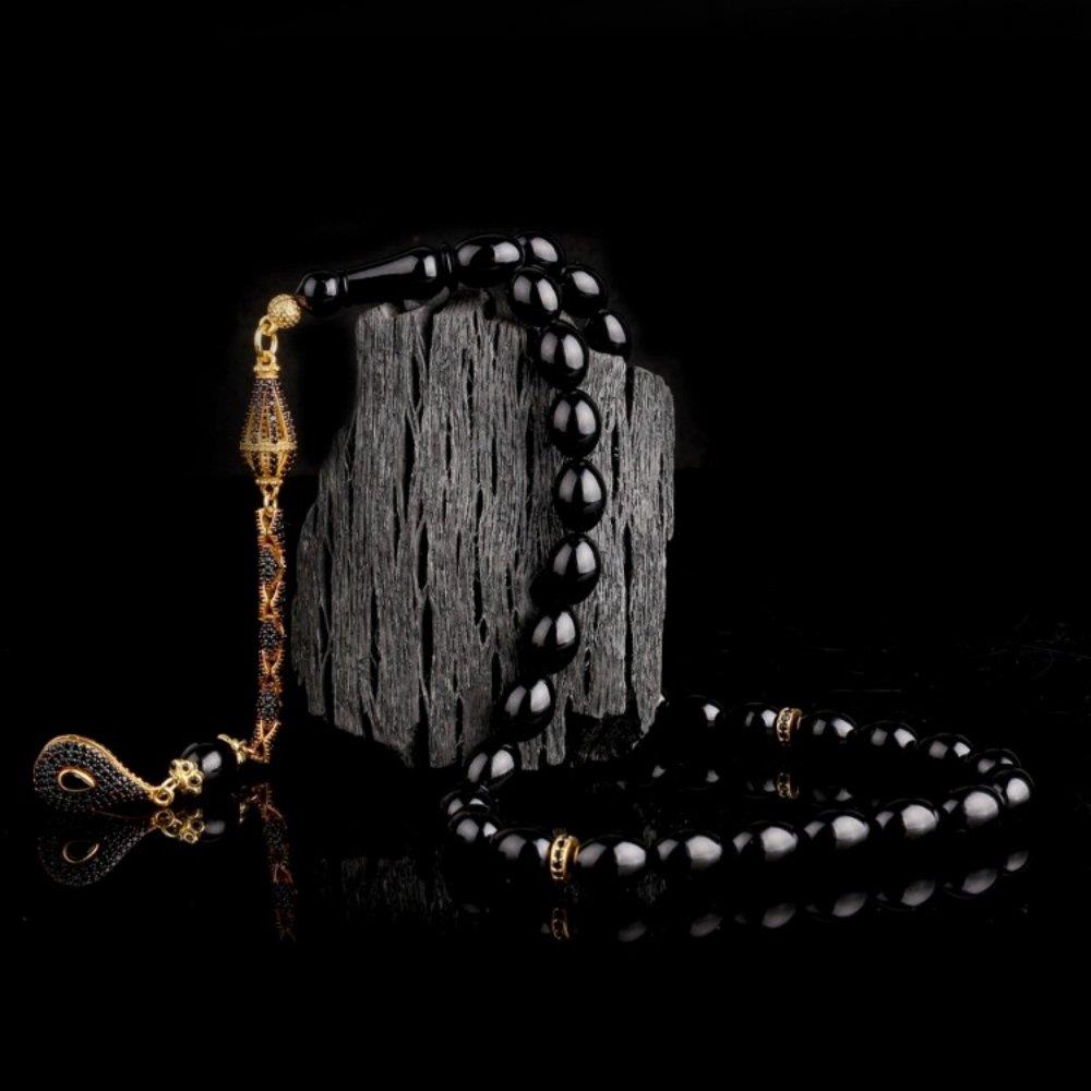 Altın Kaplama Gümüş Püsküllü Siyah Ateş Kehribar TesbihAteş Kehribar Tesbih