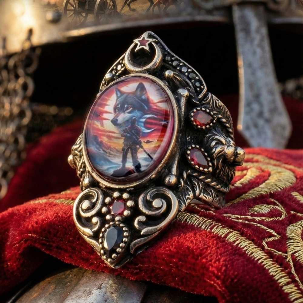 Asker Bozkurt Türk Bayrağı İşlemeli Gümüş Zihgir YüzükBaşparmak & Zihgir Yüzükleri