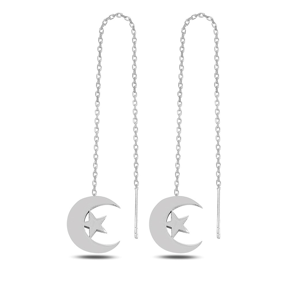 Ay Figürlü Sallantılı Kadın Gümüş Küpe Silver