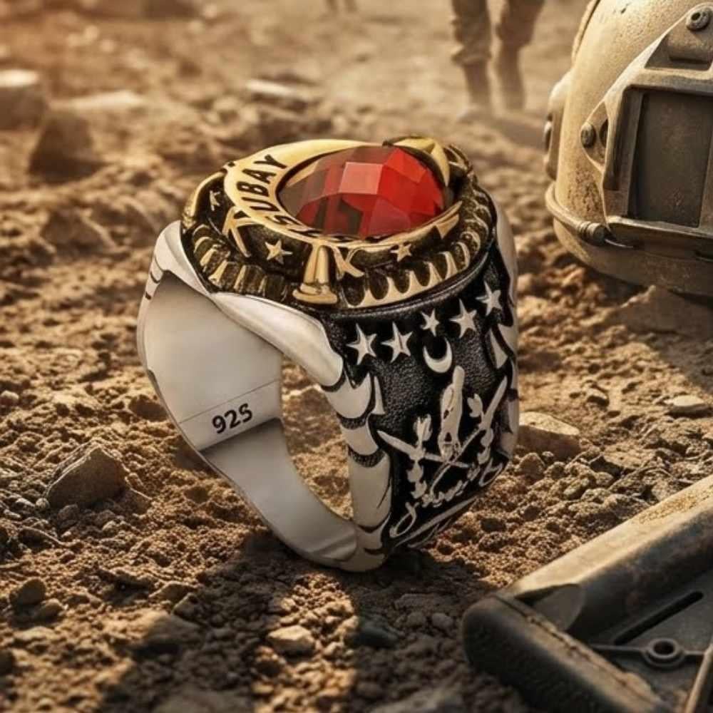 Ay Yıldız Astsubay İşlemeli Erkek Gümüş YüzükAstsubay Yüzükleri