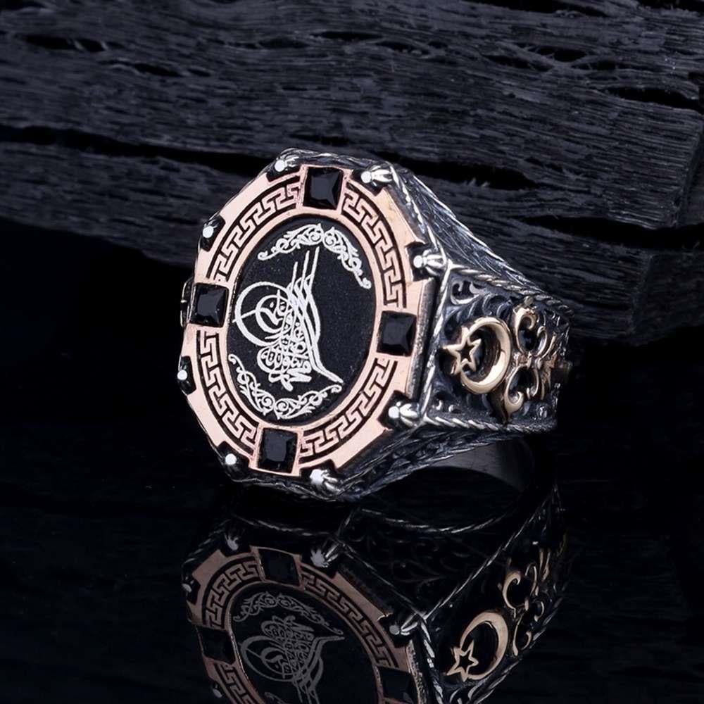 Ay Yıldız Detaylı Osmanlı Tuğra Gümüş YüzükTuğra Yüzük