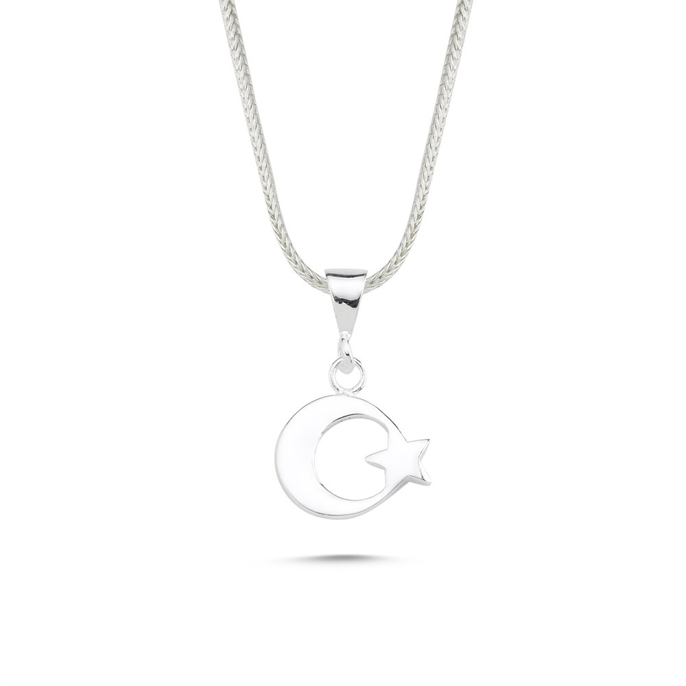 Ay Yıldız Düz Gümüş Kolye