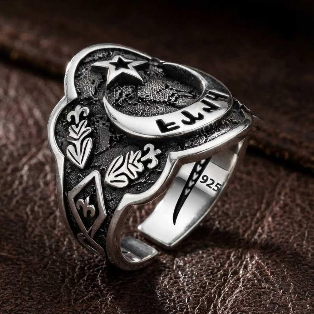 Ay Yıldız Göktürkçe Türk İşlemeli Zihgir Gümüş Erkek YüzükBaşparmak & Zihgir Yüzükleri