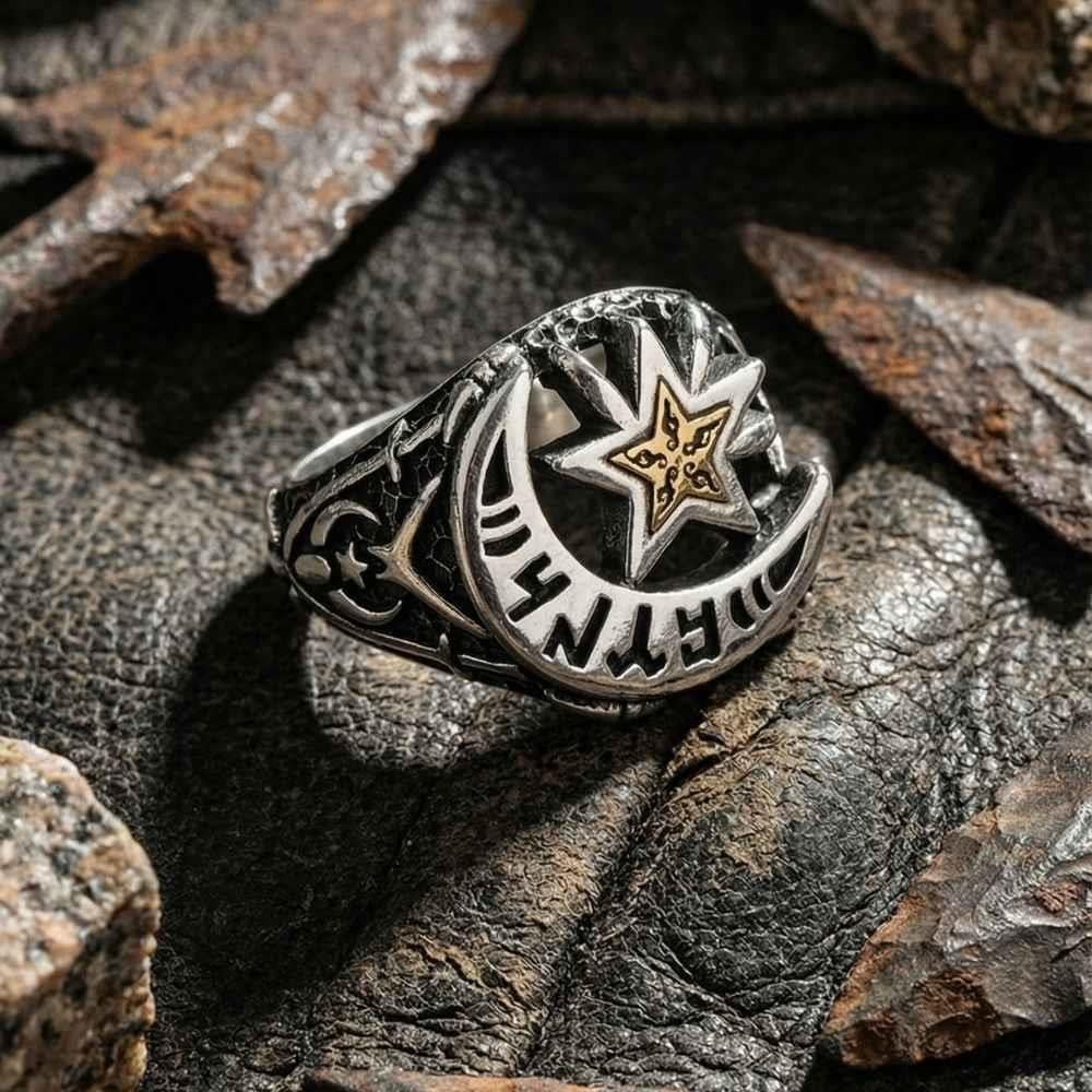 Ay Yıldız Göktürkçe Türk Yazılı Gümüş Erkek YüzükAy Yıldız Yüzükler