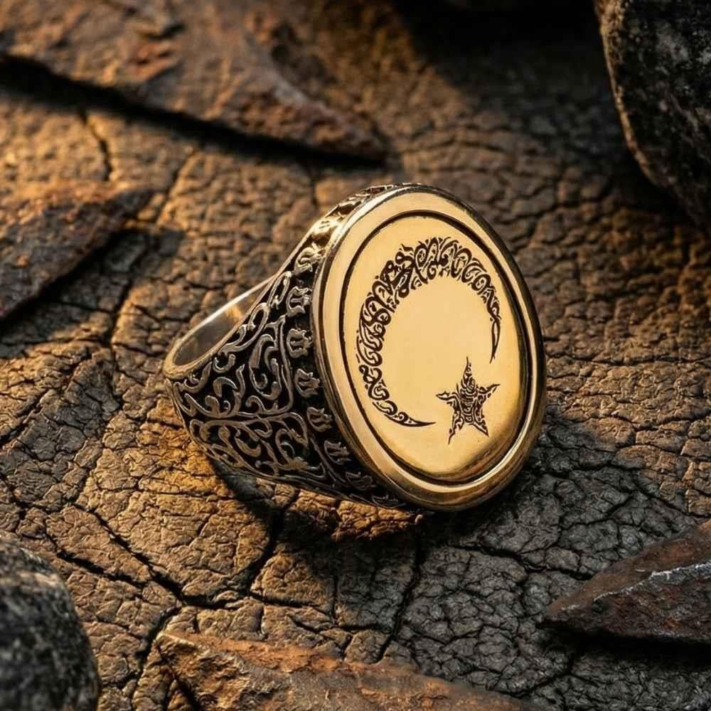 Ay Yıldız İçerisi Kelime-i Tevhid Model Gümüş Erkek YüzükAy Yıldız Yüzükler