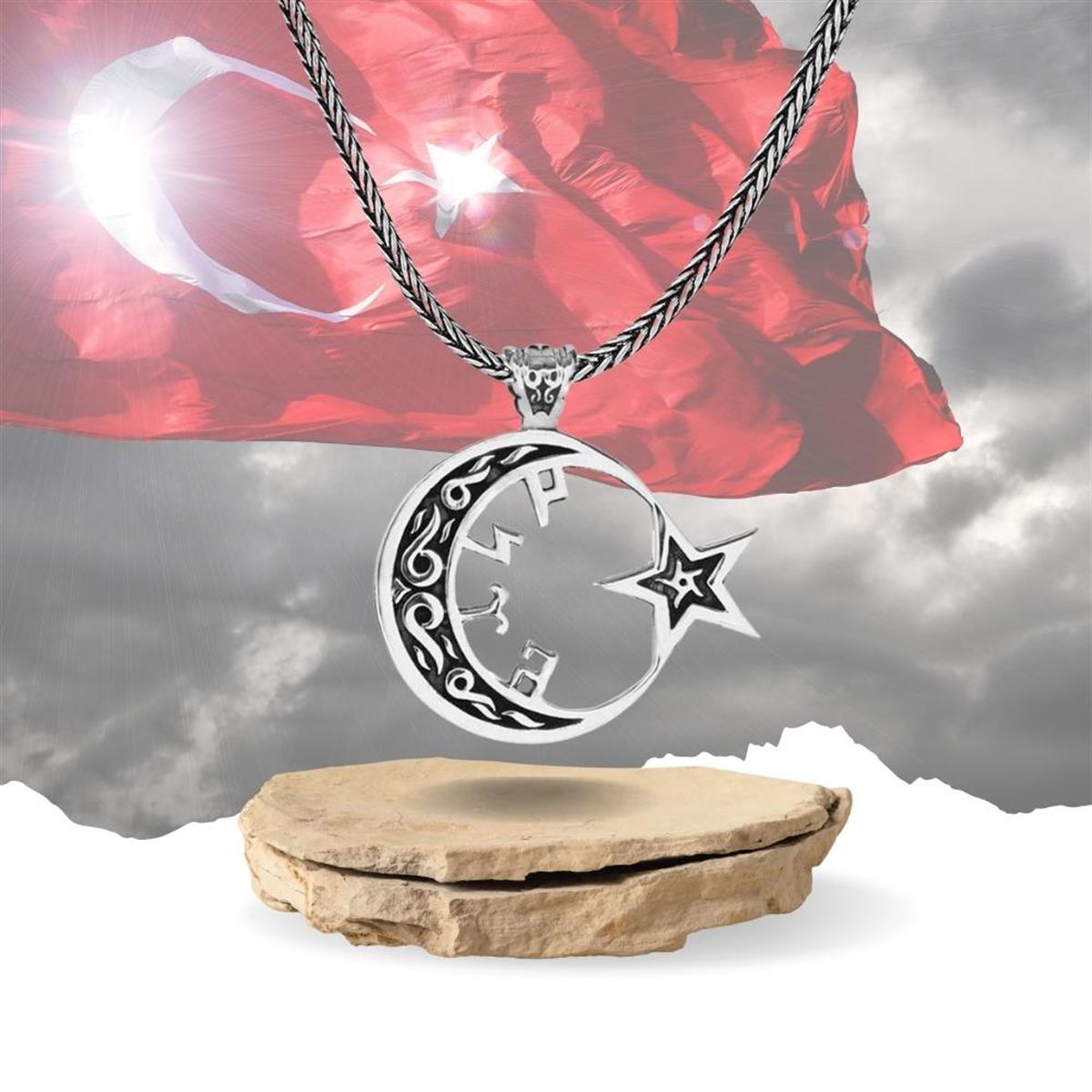 Ay Yıldız İçi Göktürkçe Türk Yazılı Gümüş Kolye