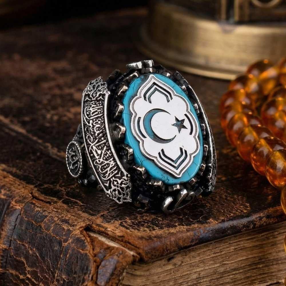 Ay Yıldız İşlemeli Yanları Kelime-i Tevhid Gümüş YüzükAy Yıldız Yüzük