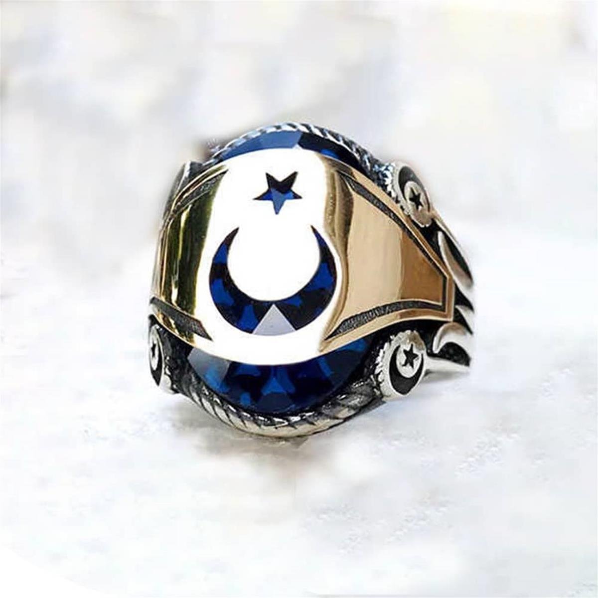Ay Yıldız Mavi Zirkon Taşlı Yanları Lale Motifli Gümüş Erkek Yüzük