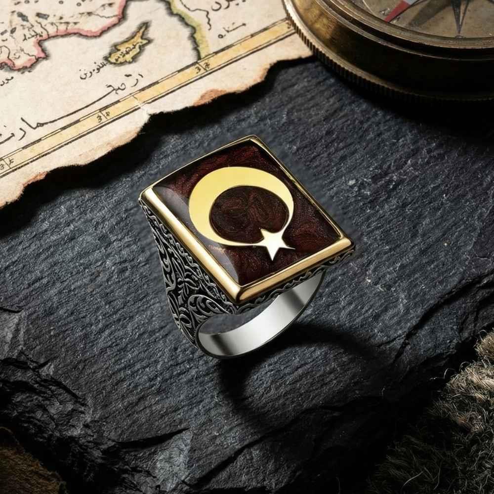 Ay Yıldız Mineli Gümüş Erkek YüzükAy Yıldız Yüzükler