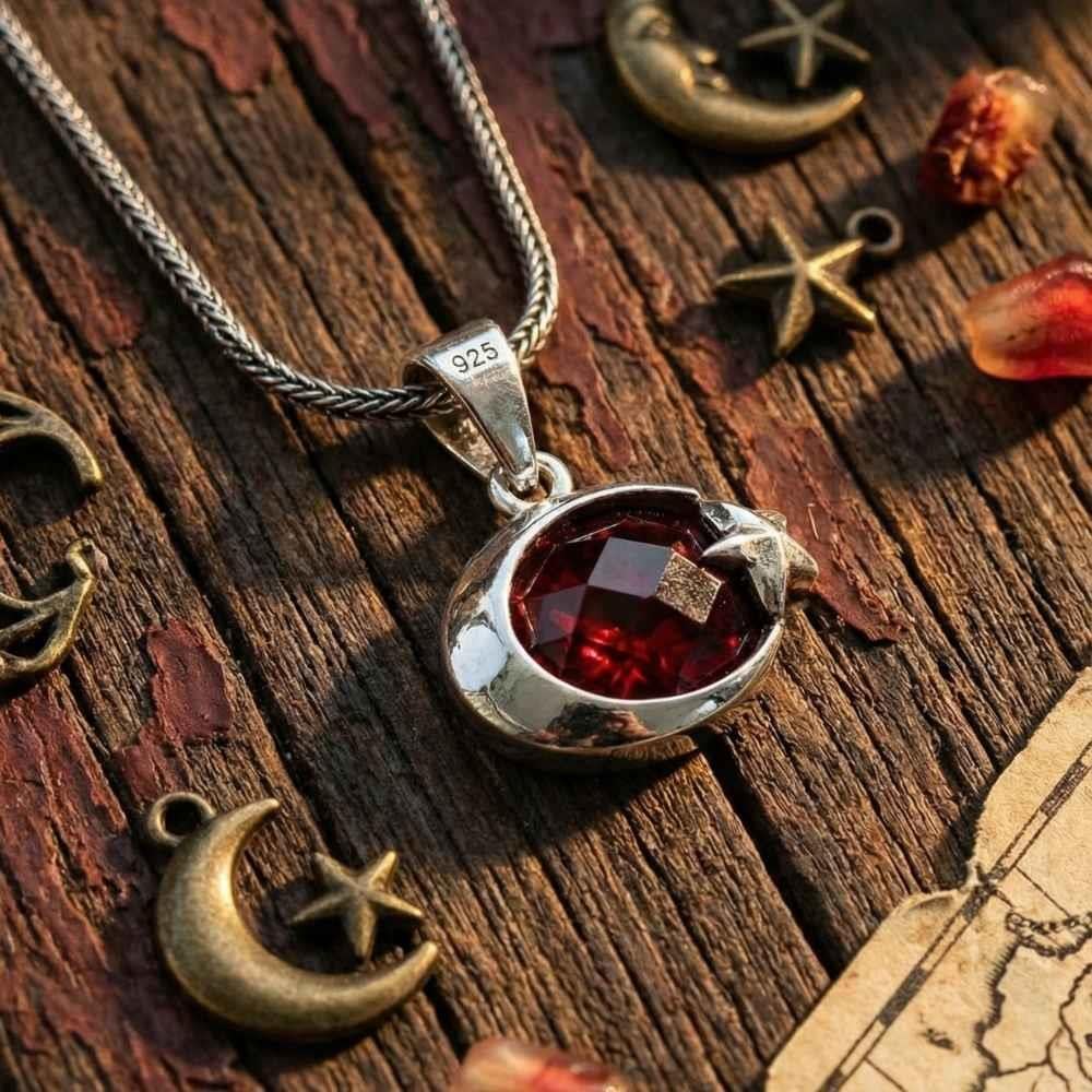 Ay Yıldız Model Kırmızı Zirkon Taşlı Gümüş KolyeAy Yıldız Kolye