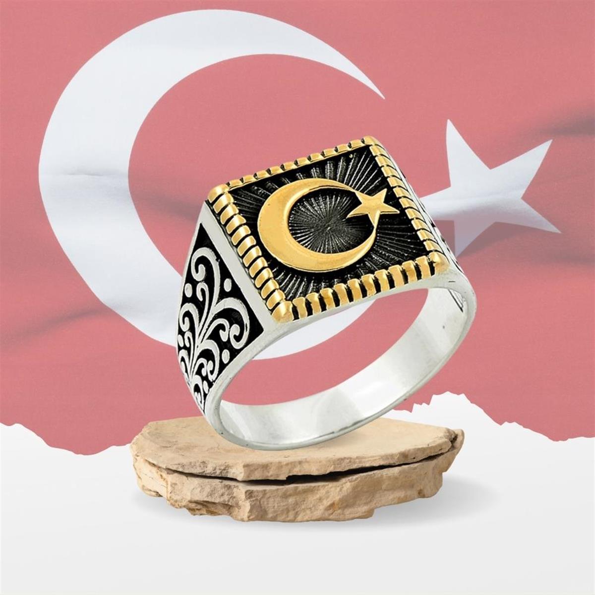 Ay Yıldız Motifli Desenli Gümüş Erkek Yüzük