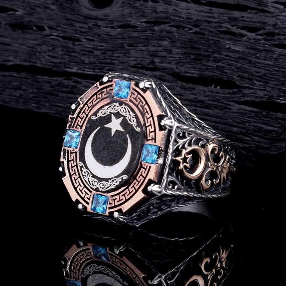 Ay Yıldız Motifli Türk Bayrağı Yanlı Gümüş YüzükAy Yıldız Yüzük