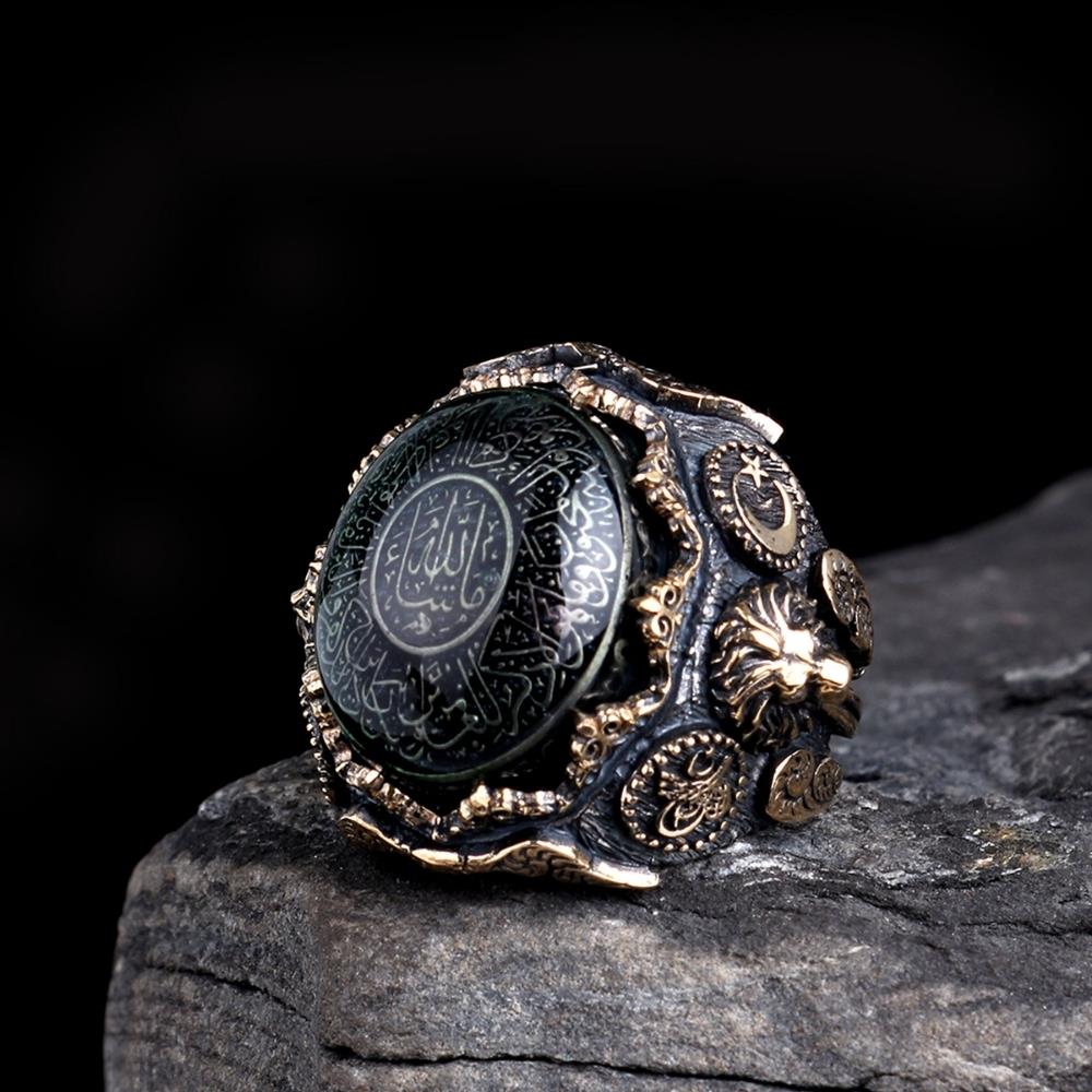 Ay Yıldız Tuğra İşlemeli Kehribar Taş Nazar Ayeti Gümüş Yüzük