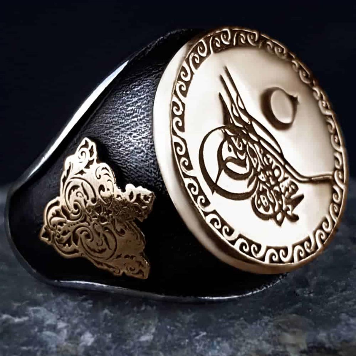 Moon Star Tughra Embroidered Edges Motif Sterling Silver Ring
