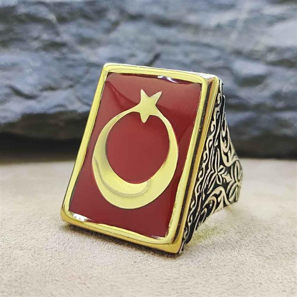 Ay Yıldız Türk Bayrağı Erkek Gümüş Yüzük