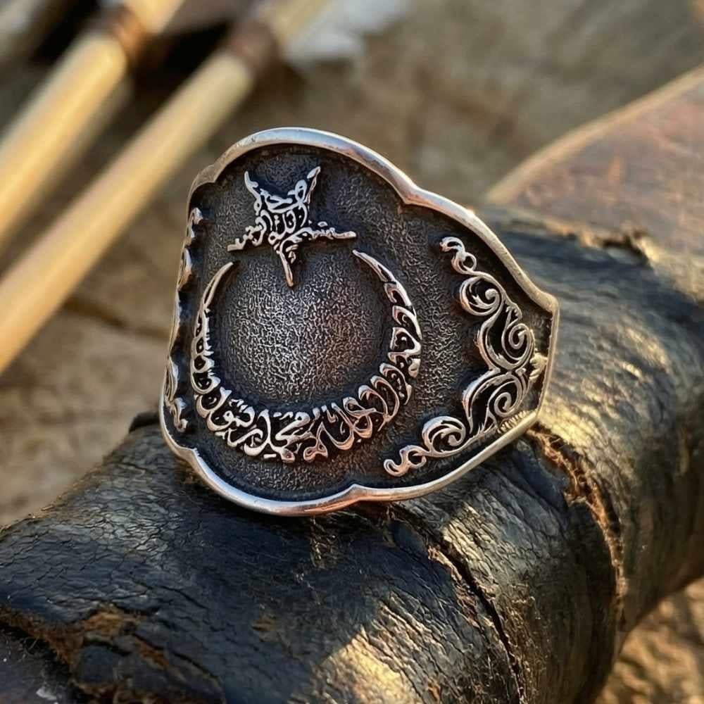 Ay Yıldız Üzeri Kelime-i Tevhid Başparmak Gümüş YüzükBaşparmak & Zihgir Yüzükleri