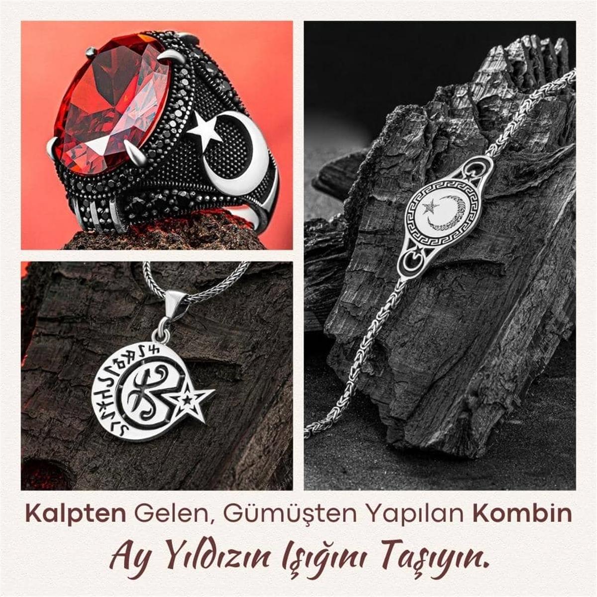 Ay Yıldız Yüzük, Kolye ve Bileklik Gümüş Hediye Kombini