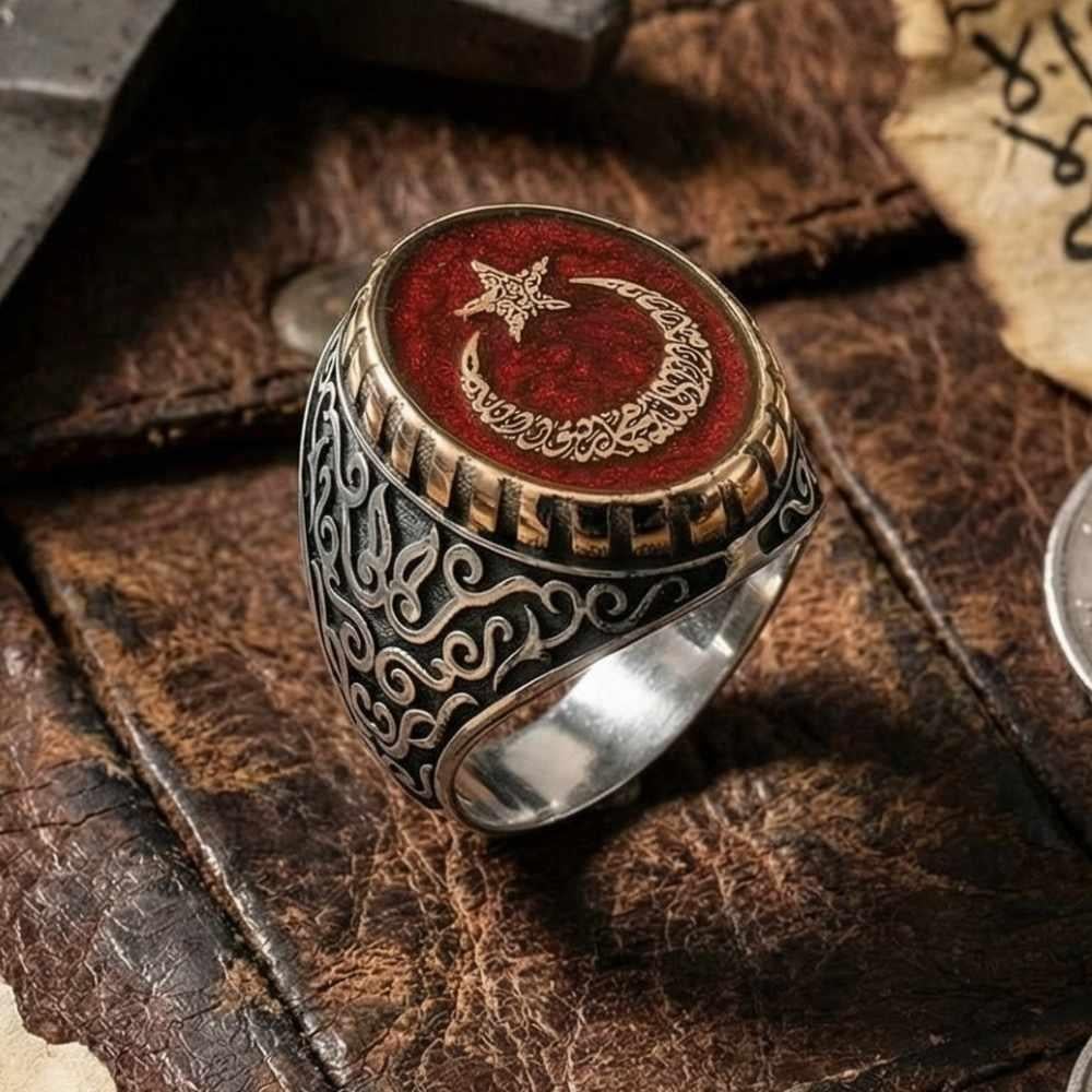 Ayyıldız İçerisi Kelime-i Tevhid Yazısı İşlemeli Gümüş YüzükKelime-i Tevhid Yüzük