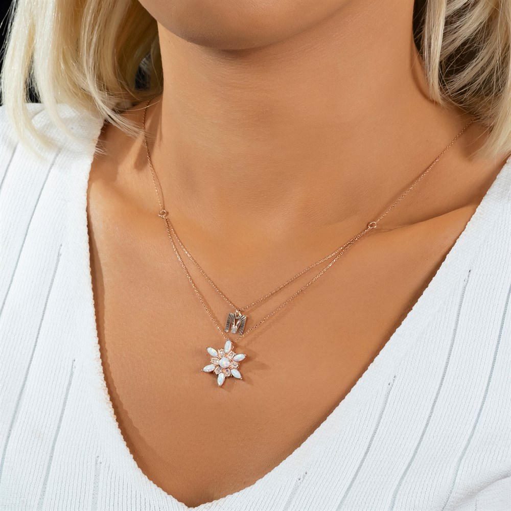 Baş Harfli Rüzgar Çiçeği Opal Gümüş Kolye Rose