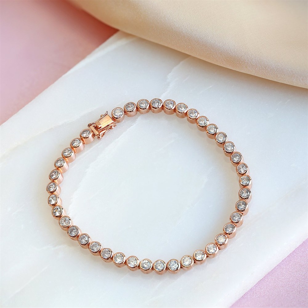 Beyaz Taşlı Kadın Gümüş Bileklik Rose
