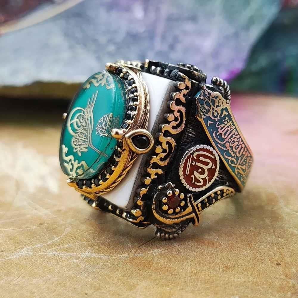 Beyaz Üzeri Yeşil Osmanlı Tuğrası Gümüş YüzükTuğra Yüzük